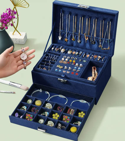 KRISHYAM® 3-Layer Velvet Jewelry Storage Box with Lock – Multi-Compartment Organizer Case for Rings, Earrings, Bracelets, Necklaces & Watches (Blue)