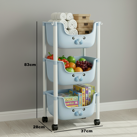 KRISHYAM® 3-Tier Multipurpose Storage Organizer with Wheels | Plastic Rolling Storage Rack for Kitchen, Bathroom, Kids Room & Utility | Space-Saving Storage Cart (3-Tier Kids Trolley (Blue)