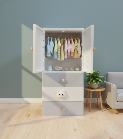 KRISHYAM® Kids Storage Cabinet with Drawers & Cupboard | Multi-Purpose Plastic Wardrobe Organizer for Nursery & Kids Room | Toy, Clothes & Accessories Storage