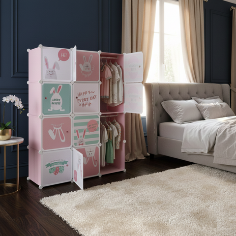 KRISHYAM® Kids Cartoon Collapsible Wardrobe with 2 Hanging Rod & 1 External Hanger Hook | 8/12-Cube Modular Storage Cabinet | Foldable Plastic Cupboard for Clothes, Toys & Books (8/12 Box Rabbit Print)