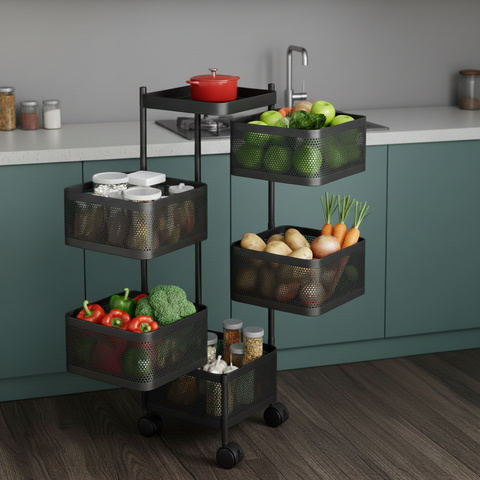 KRISHYAM® 6-Tier Metal Rolling Kitchen Storage Trolley with Mesh Baskets & Wheels | Multipurpose Vegetable, Fruit & Pantry Organizer Cart | Heavy-Duty Steel | Black (6-Tier Square)