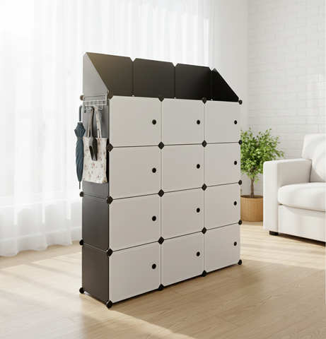 KRISHYAM® 12 Cube Modular Shoe Rack Cabinet with Doors & Side Hooks, Large Stackable Plastic Shoe Storage Organizer for Entryway, Bedroom & Closet, Space Saving (12 Door 24 Step (Black & White and simple White))