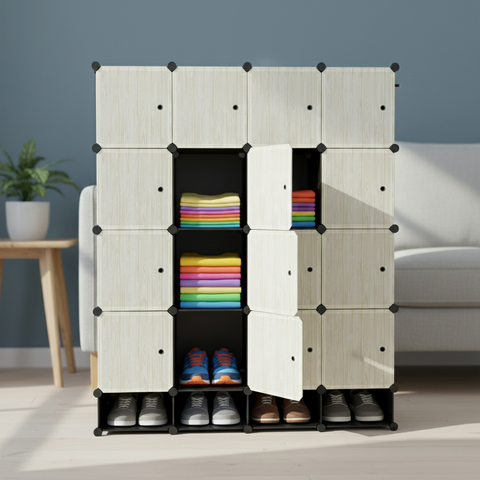 KRISHYAM® Modular 16-Cube Wardrobe Storage Cabinet with Doors, 2 Hanging Rod & 1 External Hanger Hook | DIY Plastic Closet Organizer with Metal Frame (16 Box Wardrobe + 4 Shoe Box (White))