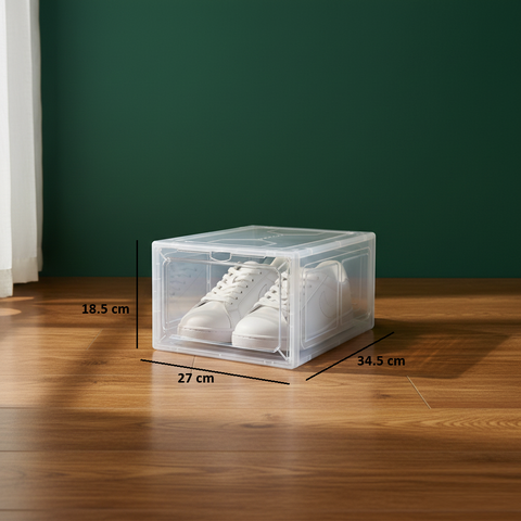 KRISHYAM® Clear Stackable Shoe Storage Boxes with Transparent Front Door & Aromatherapy Floral Fragrance | Front-Open Foldable Shoe Organizer (BLACK,White PACK OF 4)