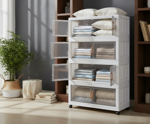 KRISHYAM® Modular Plastic Storage Cabinet with Translucent Doors & Wheels | Multi-Tier Clothes & Utility Organizer | Dustproof Freestanding Wardrobe (4 Layer - 4 Transparent Door (White)