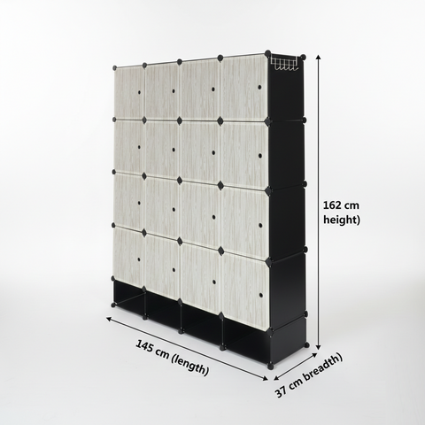 KRISHYAM® Modular 16-Cube Wardrobe Storage Cabinet with Doors, 2 Hanging Rod & 1 External Hanger Hook | DIY Plastic Closet Organizer with Metal Frame (16 Box Wardrobe + 4 Shoe Box (White))
