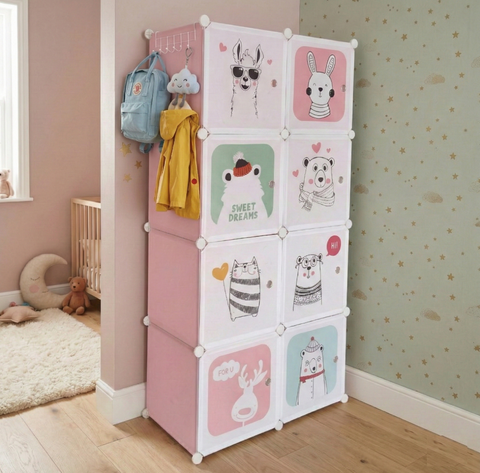 KRISHYAM® Kids Modular Wardrobe with Cartoon Animal Prints – 8/12 Cube Storage Organizer Cabinet with Doors | DIY Portable Space Saving Cupboard for Bedroom & Nursery (8/12 Box Bear Print)