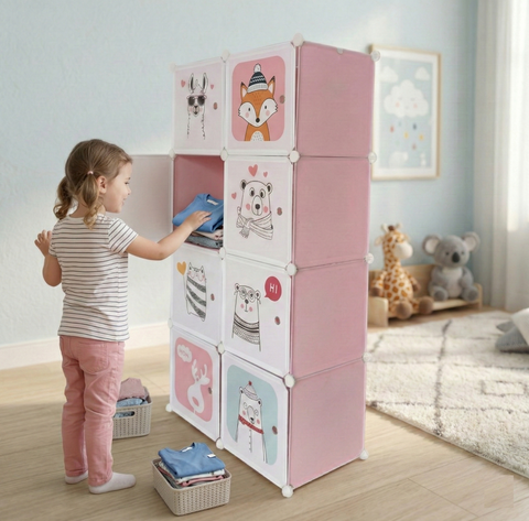 KRISHYAM® Kids Modular Wardrobe with Cartoon Animal Prints – 8/12 Cube Storage Organizer Cabinet with Doors | DIY Portable Space Saving Cupboard for Bedroom & Nursery (8/12 Box Bear Print)