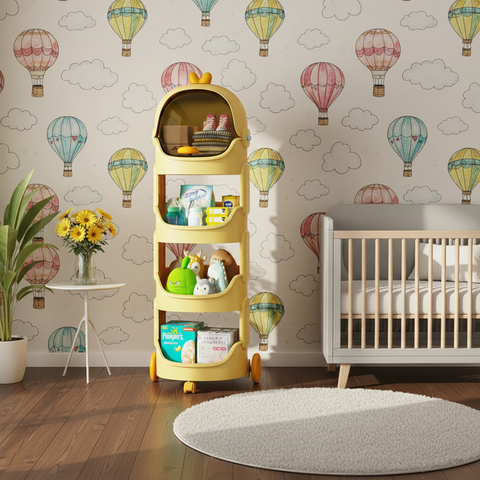 KRISHYAM® Space Astro Storage Organizer with Wheels | 4-Tier Kids Toy, Diaper & Baby Essentials Storage Cabinet | Space-Themed Plastic Organizer (4-Tier Kids Seace Astro (Yellow))