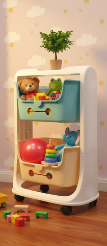 KRISHYAM® Multi-Layer Toy Storage Organizer Rack with Wheels | Kids Toy Shelf with Removable Bins for Toys, Books & Stationery (2-Tier Kids Basket (Matte Finish)