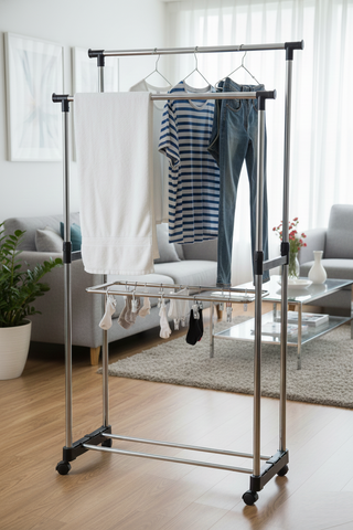 KriShyam® Stainless Steel Aluminum Floor Cloth Dryer Stand Double-Pole, Adjustable & Portable Clothes Hanger/Laundry Rack Hanger/Shoe Rack Garment Drying Rack With Rolling Wheels (1 Tier)