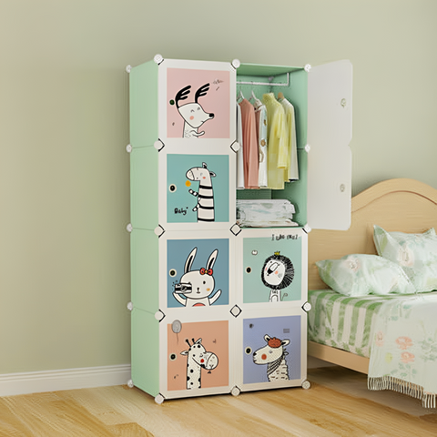 KRISHYAM® Kids Animal Print Collapsible Wardrobe |8/12-Cube Modular Storage Cabinet with 2 Hanging Rod & 1 External Hanger Hook | DIY Cupboard for Kids (8/12 Box Giraffe Print)
