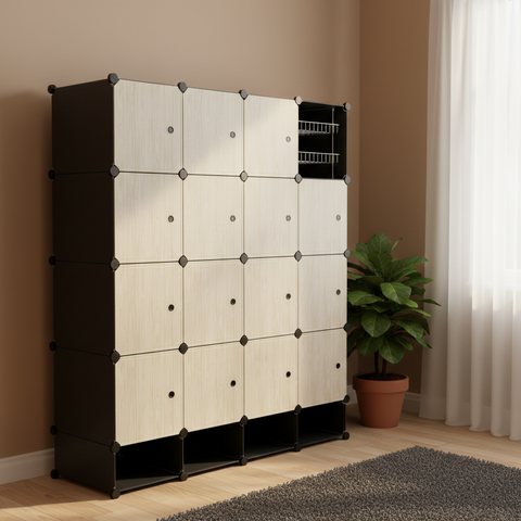 KRISHYAM® Modular 16-Cube Wardrobe Storage Cabinet with Doors, 2 Hanging Rod & 1 External Hanger Hook | DIY Plastic Closet Organizer with Metal Frame (16 Box Wardrobe + 4 Shoe Box (White))