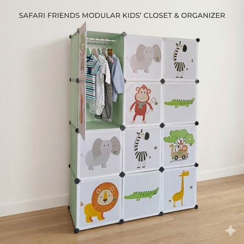 KRISHYAM® Kids Jungle Animal Print Collapsible Wardrobe with 2 Hanging Rod &1 External Hanger Hook | 8/12-Cube Modular Plastic Storage Cabinet | DIY Foldable Clothes Organizer (8/12 Box Lion Print)