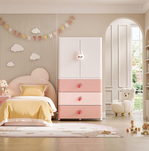 KRISHYAM® Kids Storage Cabinet with Drawers & Cupboard | Multi-Purpose Plastic Wardrobe Organizer for Nursery & Kids Room | Toy, Clothes & Accessories Storage