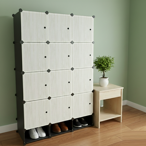KRISHYAM® Modular 12-Cube Wardrobe Storage Cabinet with Doors, 1 Hanging Rod & 1 External Hanger Hook | DIY Plastic Closet Organizer with Metal Frame (12 Box Wardrobe + 3 Shoe Box (White))