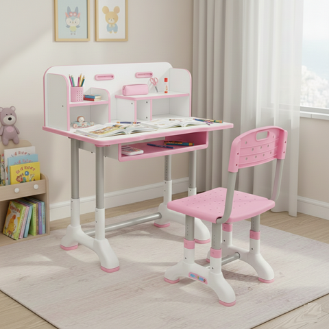 KRISHYAM® Kids Adjustable Study Table & Chair Set with Storage Drawer & Bookshelf | Height Adjustable Student Study Desk for Boys & Girls | Ergonomic Design (Pink & White (C23))