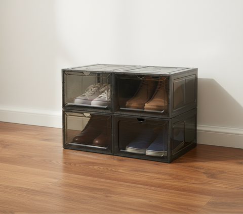 KRISHYAM® Clear Stackable Shoe Storage Boxes with Transparent Front Door & Aromatherapy Floral Fragrance | Front-Open Foldable Shoe Organizer (BLACK,White PACK OF 4)