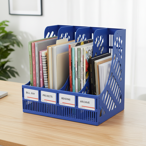 KRISHYAM ® 4 Slot Plastic Magazine File Holder Rack | Desktop Document Organizer | A4 File Storage Stand | Multi-Compartment Office Desk Organizer for Books, Folders & Papers (FILE ORGANISER (BLACK, Blue)