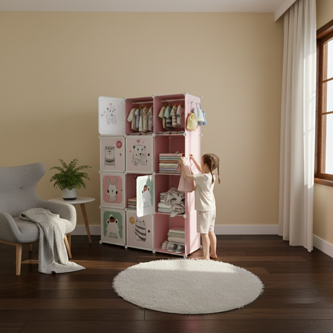 KRISHYAM® Kids Modular Wardrobe with Cartoon Animal Prints – 8/12 Cube Storage Organizer Cabinet with Doors | DIY Portable Space Saving Cupboard for Bedroom & Nursery (8/12 Box Bear Print)