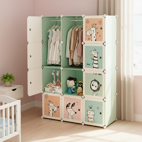 KRISHYAM® Kids Animal Print Collapsible Wardrobe |8/12-Cube Modular Storage Cabinet with 2 Hanging Rod & 1 External Hanger Hook | DIY Cupboard for Kids (8/12 Box Giraffe Print)