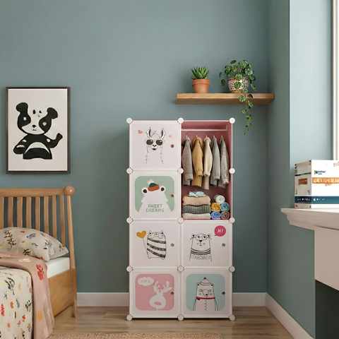 KRISHYAM® Kids Modular Wardrobe with Cartoon Animal Prints – 8/12 Cube Storage Organizer Cabinet with Doors | DIY Portable Space Saving Cupboard for Bedroom & Nursery (8/12 Box Bear Print)