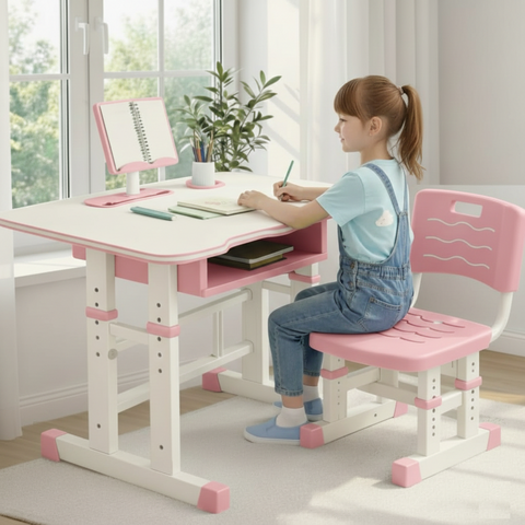KriShyam ® Height Adjustable Kids Study Table & Chair Set with Book Stand & Drawer Plastic Desk Chair (Finish Color - Pink & White (K01), DIY(Do-It-Yourself))