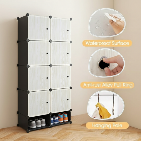 KRISHYAM® Modular 8-Cube Wardrobe Storage Cabinet with Doors, 1 Hanging Rod & 1 External Hanger Hook | DIY Plastic Closet Organizer with Metal Frame (8 Box Wardrobe + 2 Shoe Box (White))