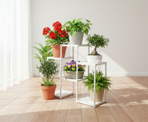 KRISHYAM® 6-Tier Plastic Flower Stand for Indoor & Outdoor | Multi-Layer Plant Display Rack for Pots | Rust-Free, Heavy-Duty Garden Organizer Shelf (BLACK & WHITE, 6 TIER)