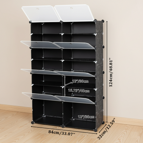 KRISHYAM® 16 Step Modular Shoe Rack Cabinet with Flip Doors & Side Hooks, Stackable Plastic Shoe Storage Organizer for Entryway, Bedroom & Closet, Space Saving Multi Layer (8 Door 16 Step (Black))