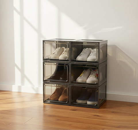 KRISHYAM® Clear Stackable Shoe Storage Boxes with Transparent Front Door & Aromatherapy Floral Fragrance | Front-Open Foldable Shoe Organizer (BLACK, White,PACK OF 6)