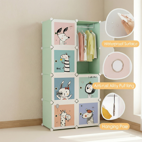 KRISHYAM® Kids Animal Print Collapsible Wardrobe |8/12-Cube Modular Storage Cabinet with 2 Hanging Rod & 1 External Hanger Hook | DIY Cupboard for Kids (8/12 Box Giraffe Print)