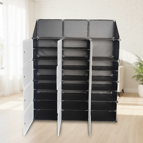 KRISHYAM® 12 Cube Modular Shoe Rack Cabinet with Doors & Side Hooks, Large Stackable Plastic Shoe Storage Organizer for Entryway, Bedroom & Closet, Space Saving (12 Door 24 Step (Black & White and simple White))