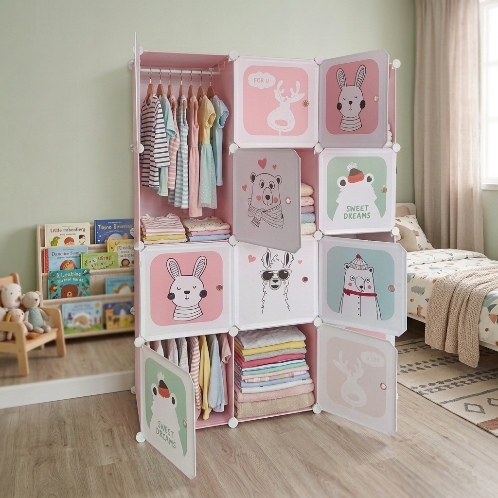 KRISHYAM® Kids Modular Wardrobe with Cartoon Animal Prints – 8/12 Cube Storage Organizer Cabinet with Doors | DIY Portable Space Saving Cupboard for Bedroom & Nursery (8/12 Box Bear Print)