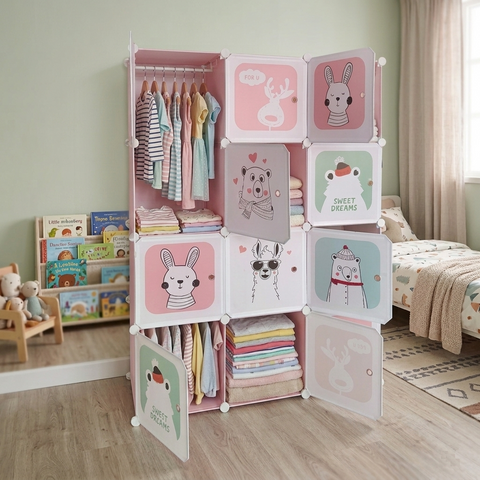 KRISHYAM® Kids Modular Wardrobe with Cartoon Animal Prints – 8/12 Cube Storage Organizer Cabinet with Doors | DIY Portable Space Saving Cupboard for Bedroom & Nursery (8/12 Box Bear Print)