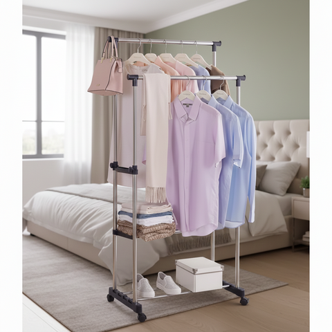 KriShyam® Stainless Steel Aluminum Floor Cloth Dryer Stand Double-Pole, Adjustable & Portable Clothes Hanger/Laundry Rack Hanger/Shoe Rack Garment Drying Rack With Rolling Wheels (1 Tier)