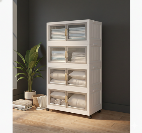 KRISHYAM® Modular Plastic Storage Cabinet with Translucent Doors & Wheels | Multi-Tier Clothes & Utility Organizer | Dustproof Freestanding Wardrobe (4 Layer - 4 Transparent Door (White)