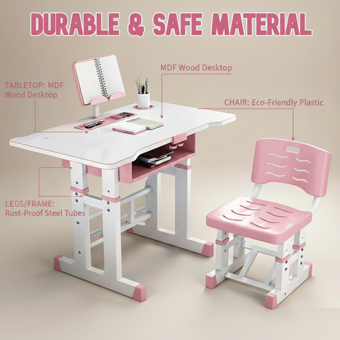 KriShyam ® Height Adjustable Kids Study Table & Chair Set with Book Stand & Drawer Plastic Desk Chair (Finish Color - Pink & White (K01), DIY(Do-It-Yourself))