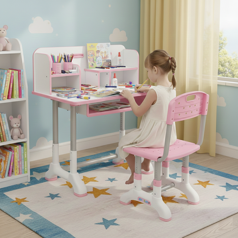 KRISHYAM® Kids Adjustable Study Table & Chair Set with Storage Drawer & Bookshelf | Height Adjustable Student Study Desk for Boys & Girls | Ergonomic Design (Pink & White (C23))