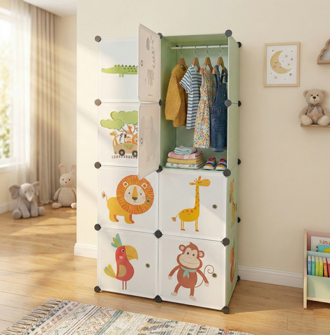 KRISHYAM® Kids Jungle Animal Print Collapsible Wardrobe with 2 Hanging Rod &1 External Hanger Hook | 8/12-Cube Modular Plastic Storage Cabinet | DIY Foldable Clothes Organizer (8/12 Box Lion Print)