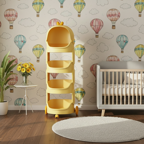 KRISHYAM® Space Astro Storage Organizer with Wheels | 4-Tier Kids Toy, Diaper & Baby Essentials Storage Cabinet | Space-Themed Plastic Organizer (4-Tier Kids Seace Astro (Yellow))