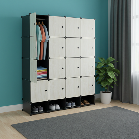 KRISHYAM® Modular 16-Cube Wardrobe Storage Cabinet with Doors, 2 Hanging Rod & 1 External Hanger Hook | DIY Plastic Closet Organizer with Metal Frame (16 Box Wardrobe + 4 Shoe Box (White))