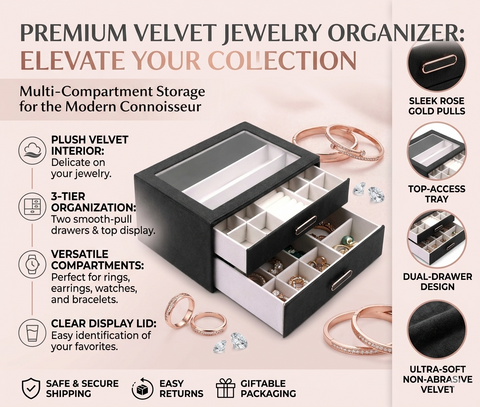 BucketList® Premium PU Leather Jewellery Organizer Box with Glass Lid | 2 Pull-Out Drawers Multi-Compartment Storage for Rings, Earrings, Necklaces & Bracelets (2-Layer Jewelry Box (Black, Pink, Red, White)