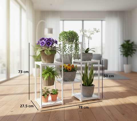 KRISHYAM® 6-Tier Plastic Flower Stand for Indoor & Outdoor | Multi-Layer Plant Display Rack for Pots | Rust-Free, Heavy-Duty Garden Organizer Shelf (BLACK & WHITE, 6 TIER)