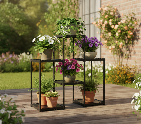 KRISHYAM® 6-Tier Plastic Flower Stand for Indoor & Outdoor | Multi-Layer Plant Display Rack for Pots | Rust-Free, Heavy-Duty Garden Organizer Shelf (BLACK & WHITE, 6 TIER)