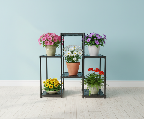 KRISHYAM® 6-Tier Plastic Flower Stand for Indoor & Outdoor | Multi-Layer Plant Display Rack for Pots | Rust-Free, Heavy-Duty Garden Organizer Shelf (BLACK & WHITE, 6 TIER)