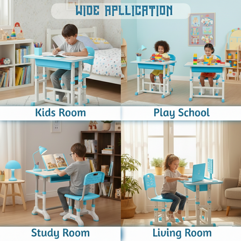 KRISHYAM® Kids Adjustable Study Table & Chair Set with Storage Drawer & Bookshelf | Height Adjustable Student Study Desk for Boys & Girls | Ergonomic Design (Blue & White (C23))