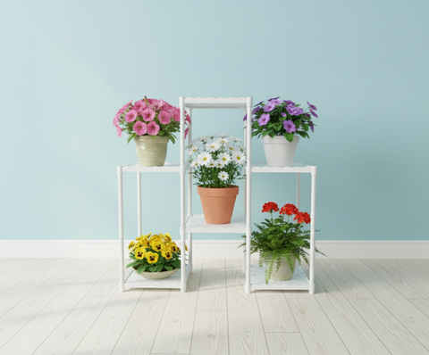 KRISHYAM® 6-Tier Plastic Flower Stand for Indoor & Outdoor | Multi-Layer Plant Display Rack for Pots | Rust-Free, Heavy-Duty Garden Organizer Shelf (BLACK & WHITE, 6 TIER)