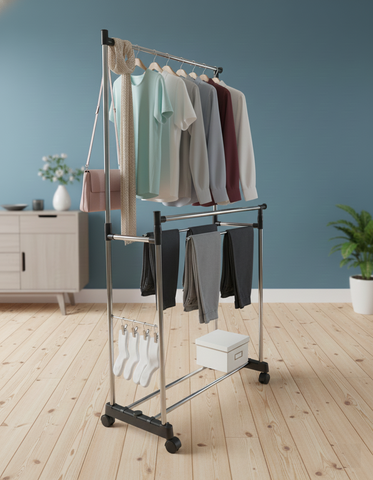 KriShyam® Stainless Steel Aluminum Floor Cloth Dryer Stand Double-Pole, Adjustable & Portable Clothes Hanger/Laundry Rack Hanger/Shoe Rack Garment Drying Rack With Rolling Wheels (1 Tier)