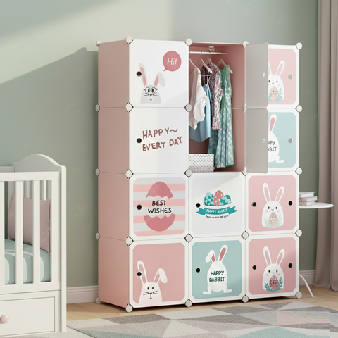 KRISHYAM® Kids Cartoon Collapsible Wardrobe with 2 Hanging Rod & 1 External Hanger Hook | 8/12-Cube Modular Storage Cabinet | Foldable Plastic Cupboard for Clothes, Toys & Books (8/12 Box Rabbit Print)